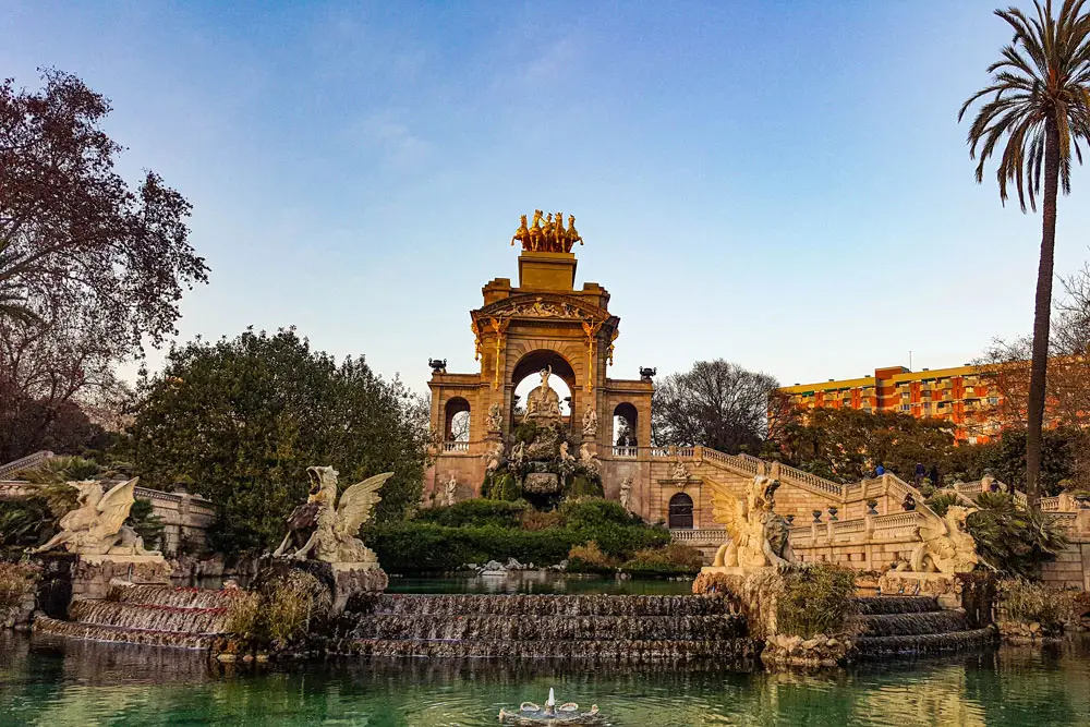 5 best cities in Europe for a first-time traveller 2 Ornate fountain with statues and cascading water at the Cascada Monumental in Parc de la Ciutadella, Barcelona.