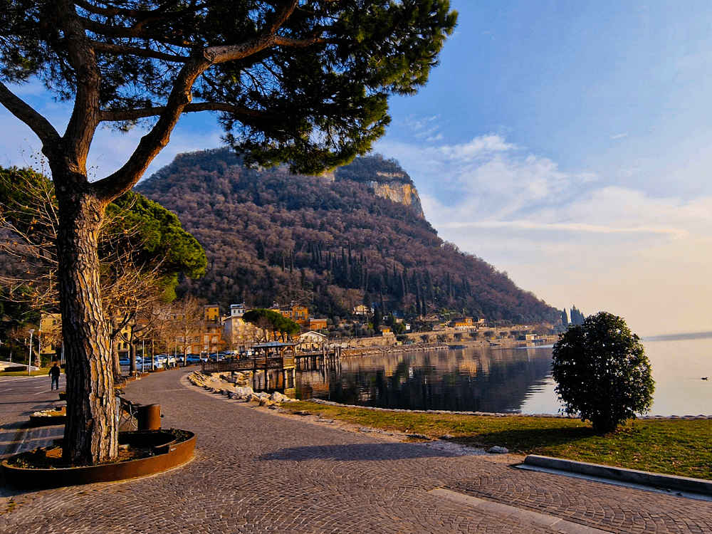 How to reach Lake Garda and its towns by public transport 3 A lakeside promenade with colourful houses, a tree in the foreground, and a mountain rising behind.